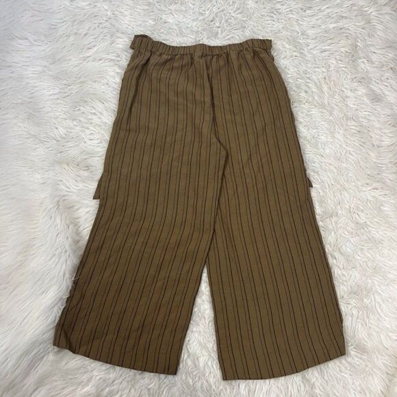 Calvin Klein Linen Brown Pinstriped Elastic Waist Tie Wide Leg Cropped Pants 6 - Picture 2 of 12